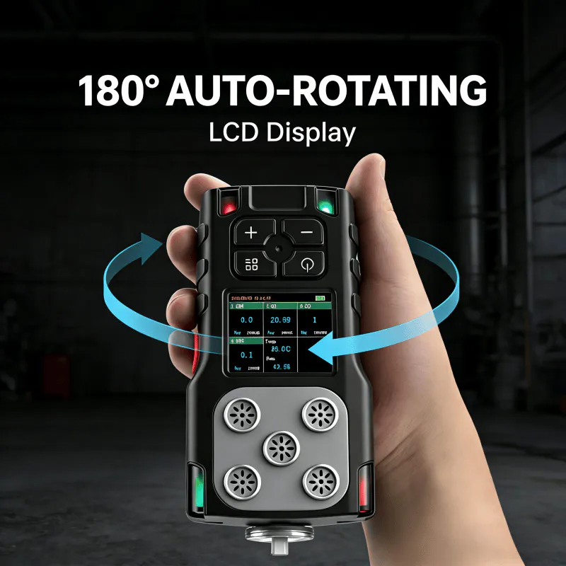 Handheld gas detector with 180 degree auto rotating LCD display.