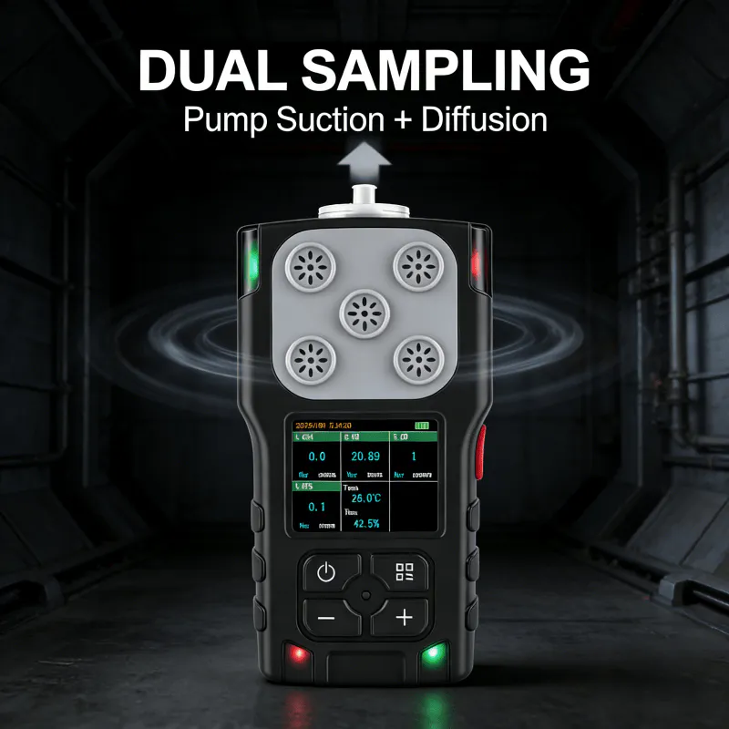 Portable gas detector using pump suction and diffusion dual sampling methods.