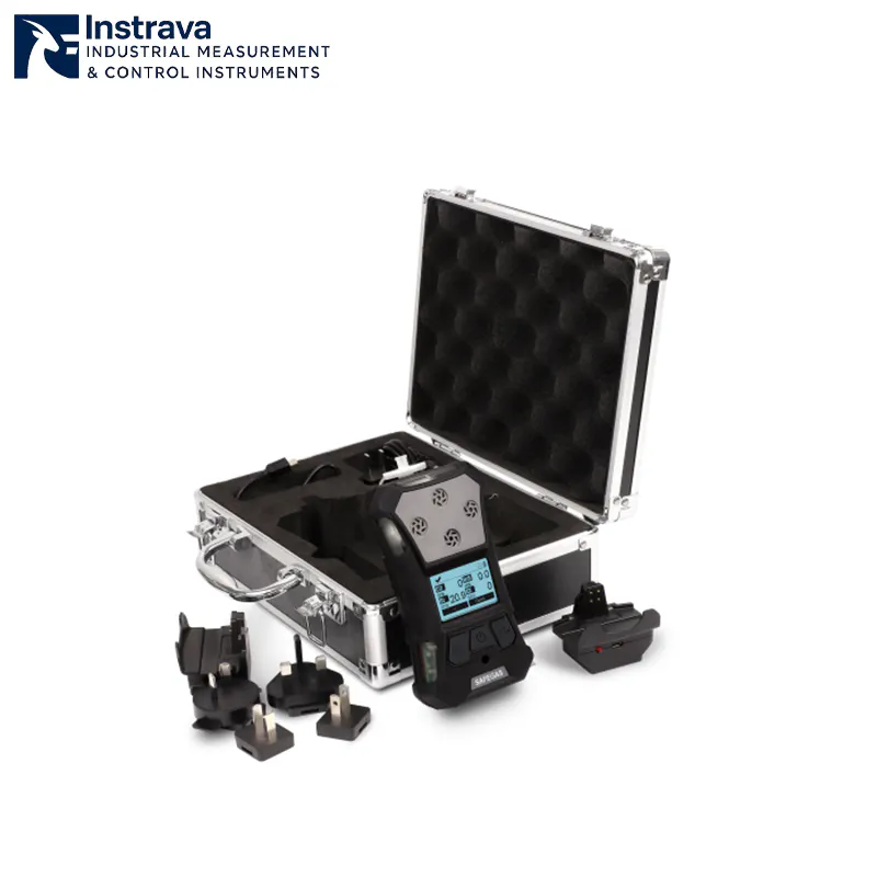 Portable gas detector kit with aluminum carrying case and multiple power adapters.