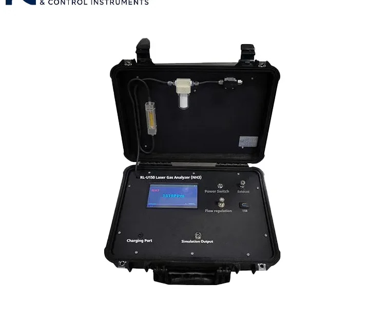 Penganalisis gas laser dengan port pengisian daya dan fitur output simulasi, cocok untuk deteksi gas industri.