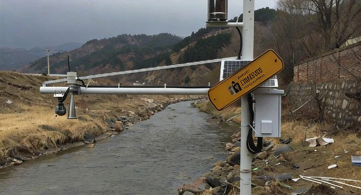 Water level sensor and monitoring equipment installed along a river, equipped with a camera and solar panel, used for real-time water level monitoring and environmental data collection.