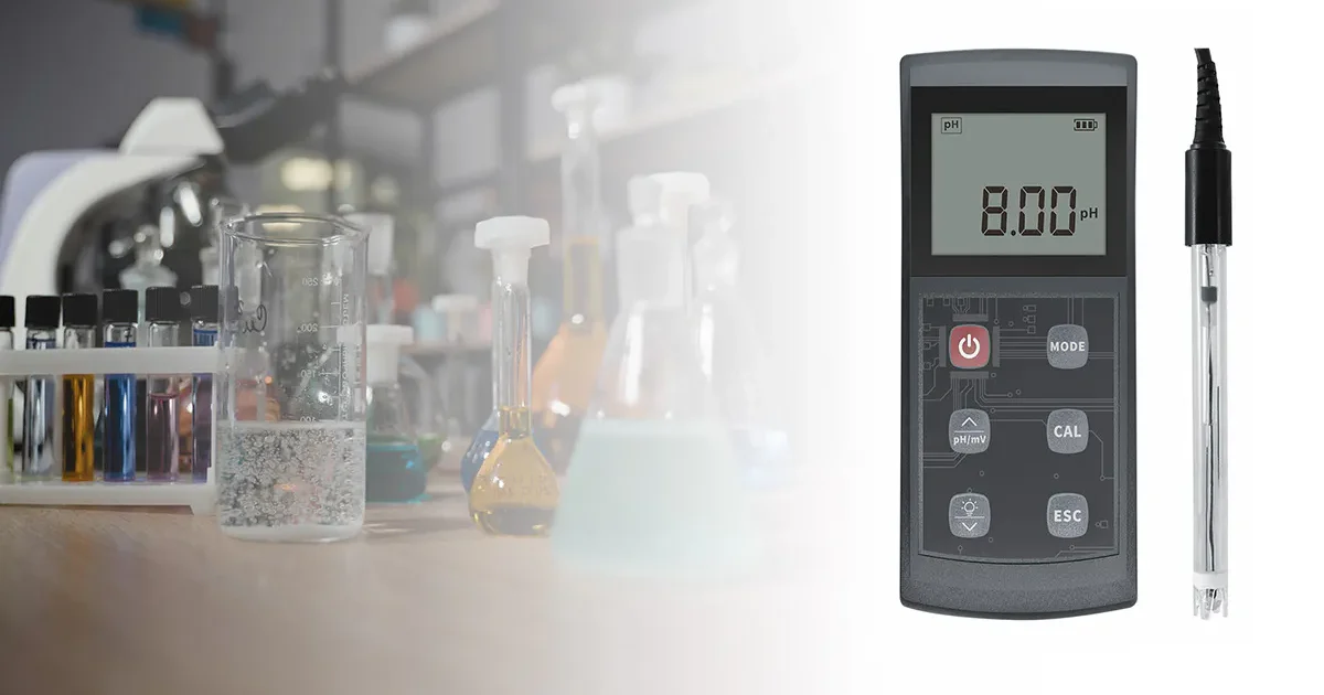 Digital pH meter with electrode probe for accurate measurements in a lab setting.