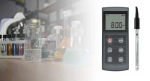 Digital pH meter with electrode probe for accurate measurements in a lab setting.