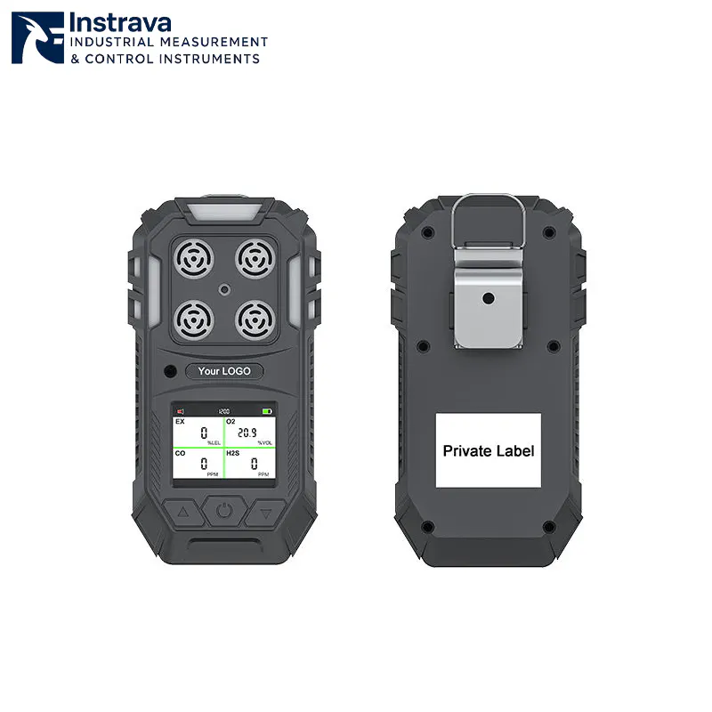 Portable multi-gas detector front and rear view showing private label design for industrial gas monitoring.