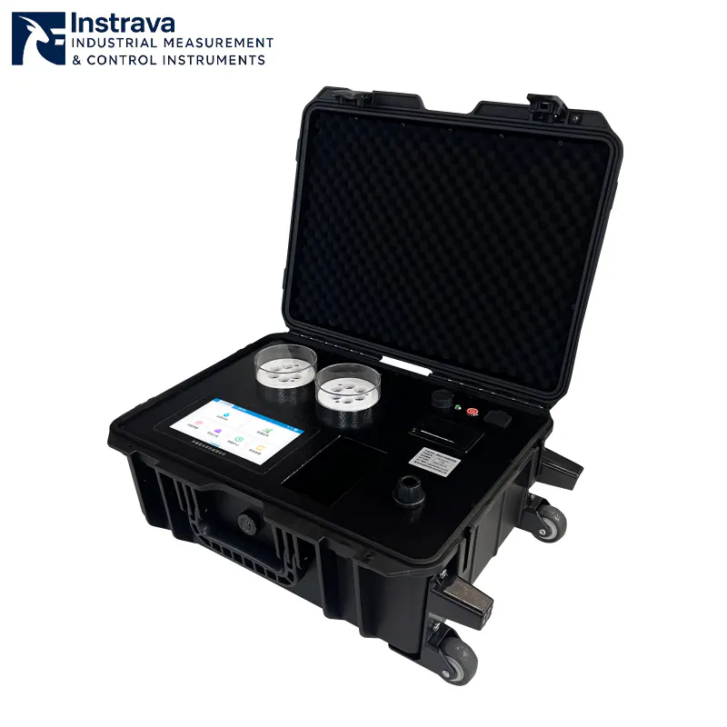 Portable multiparameter water quality testing analyzer integrated into a wheeled protective case with touchscreen display and sample testing modules.