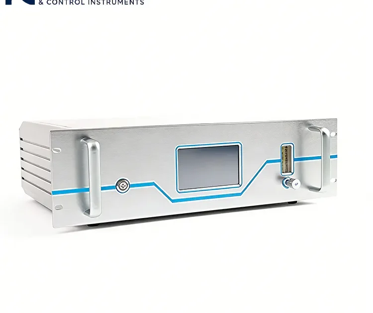 Tampak depan penganalisis gas dengan layar tampilan dan panel kontrol