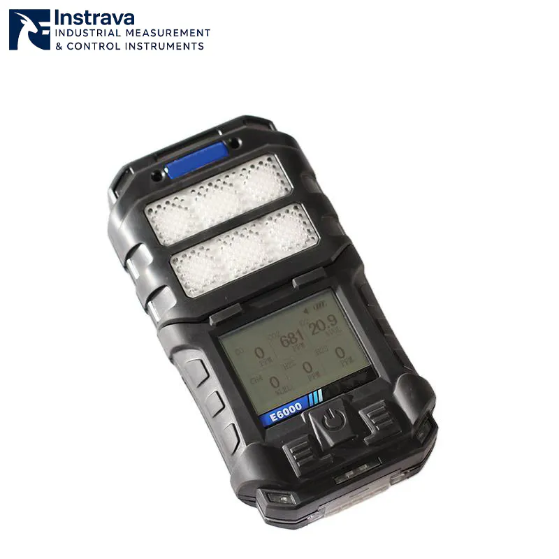 Instrava E6000 portable multi gas detector with digital display for monitoring oxygen, carbon monoxide, hydrogen sulfide, and combustible gases.