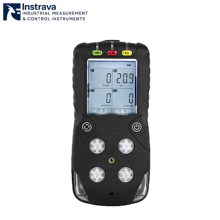 Portable oxygen and carbon monoxide gas detector with LCD display.