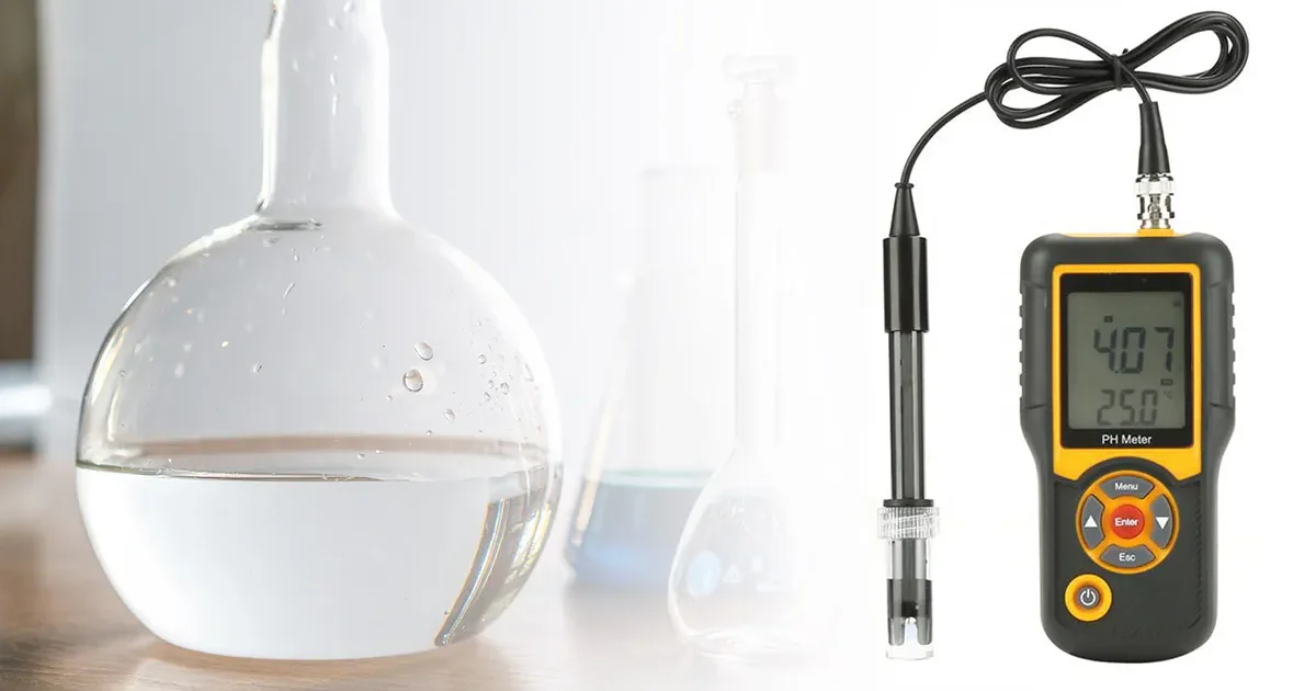 Portable pH meter with a black probe and liquid in the background.
