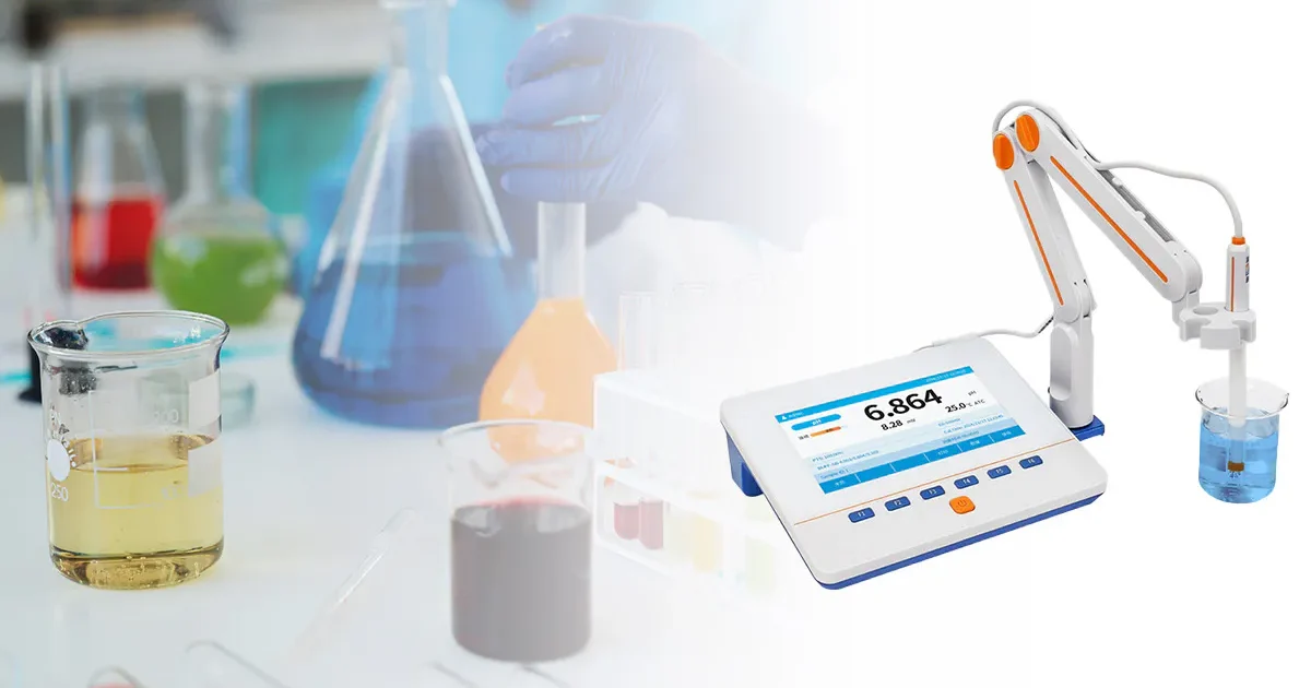 A modern laboratory pH meter with a touch screen, measuring water pH.