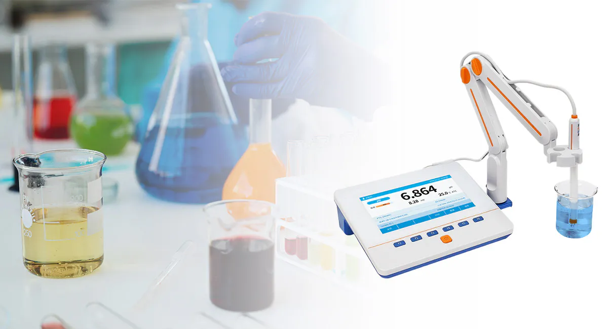 A modern laboratory pH meter with a touch screen, measuring water pH.