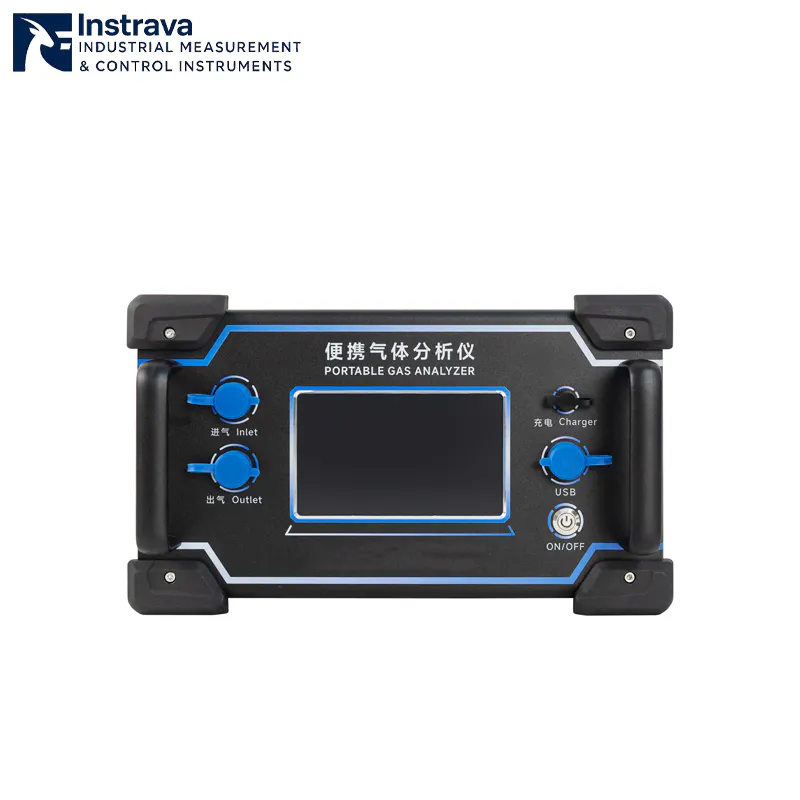 Front view of portable gas analyzer with controls and USB charging port
