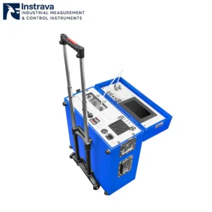 Portable FTIR gas analyzer with wheels and display screen, suitable for on-site gas analysis.