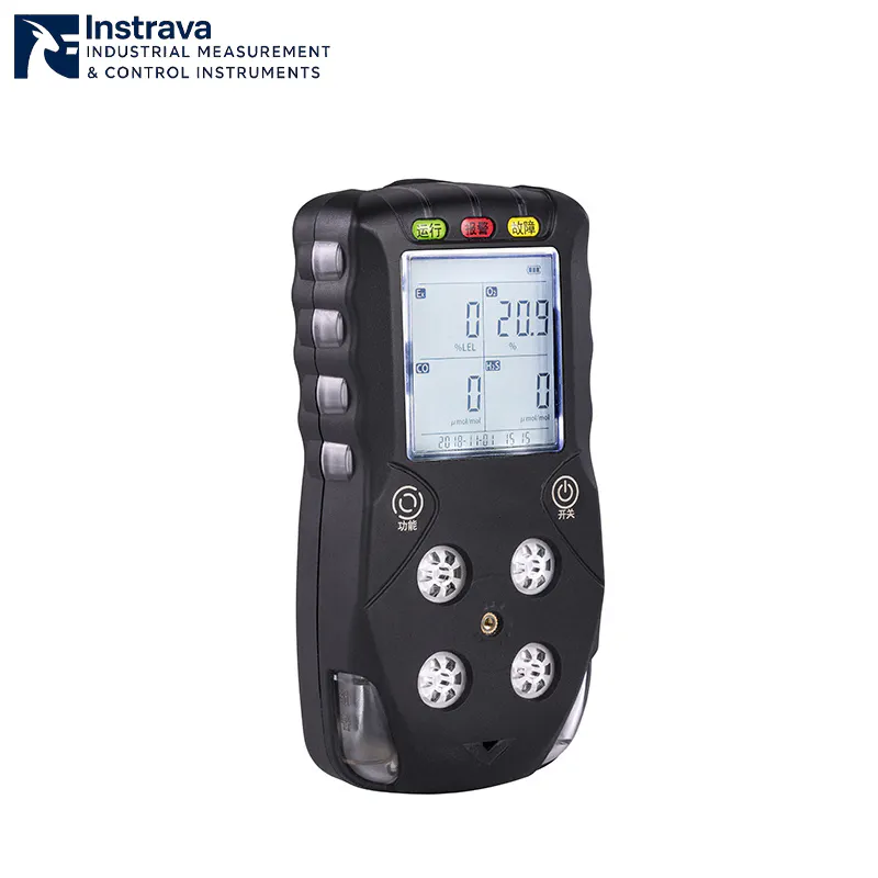 Portable multi gas detector side view used for industrial gas concentration monitoring.
