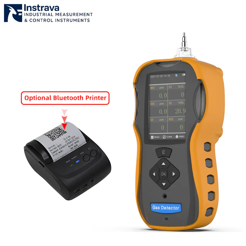 Portable gas leak detector with optional Bluetooth printer for measurement data printing.