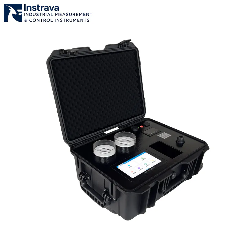 Portable multiparameter water quality meter integrated in a protective case with touchscreen display and sample testing modules.