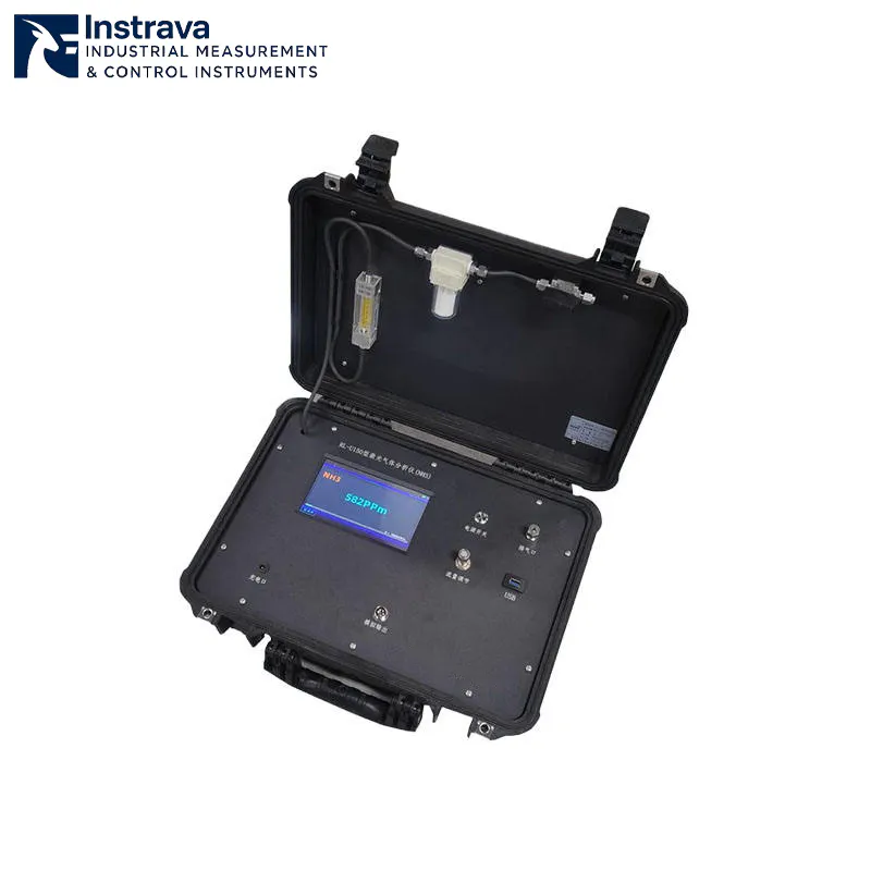 Portable laser gas analyzer with built-in display screen showing gas concentration and adjustment features.