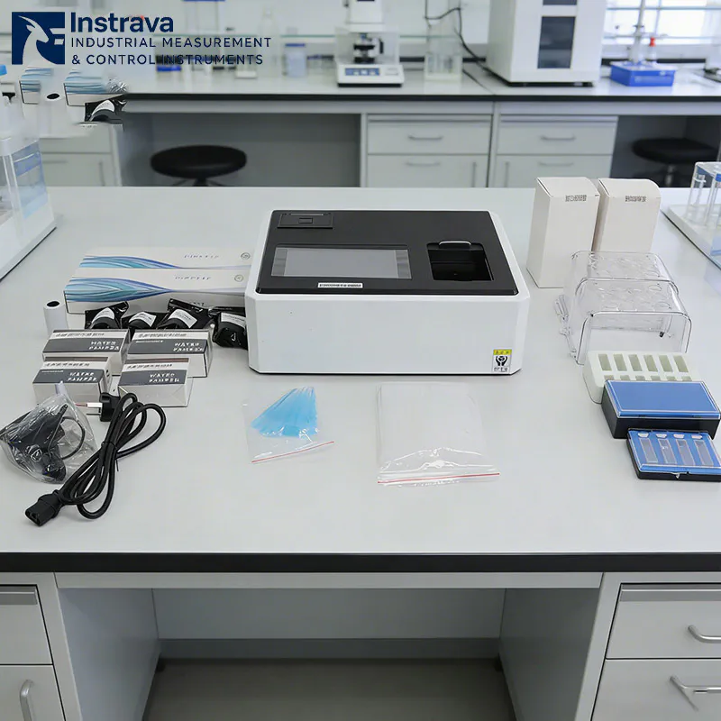 Laboratory water quality testing meter complete kit including main instrument, reagent kits, power cable, and testing accessories.