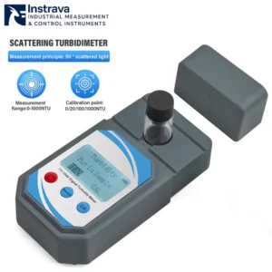 Handheld turbidity meter with digital display showing a turbidity value of 20.5 NTU, perfect for field testing.
