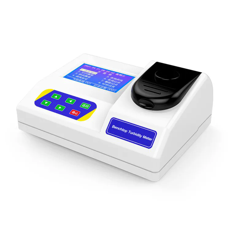 Tampak depan pengukur kekeruhan benchtop dengan layar, keypad, dan sumur sampel untuk pengujian kekeruhan air.