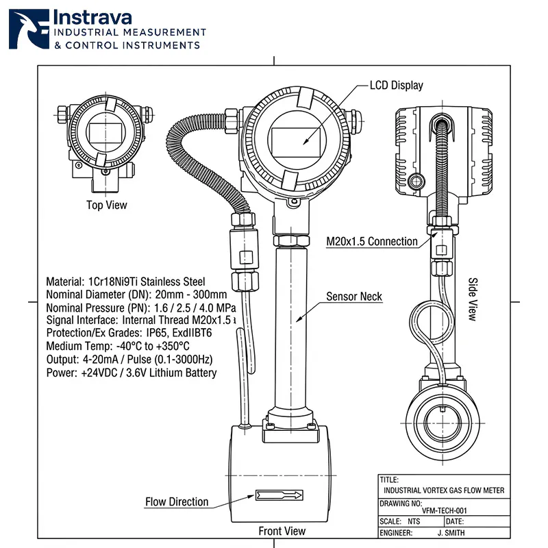 Vortex shedding flow meter technical drawing with LCD display and specifications