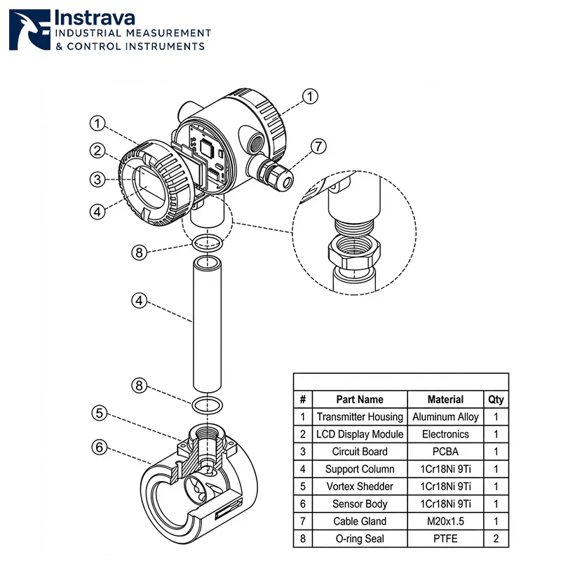 Exploded view of vortex shedding flowmeter showing sensor and transmitter components