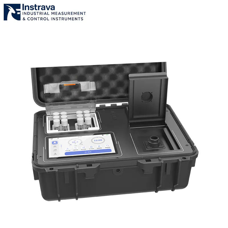 Portable multi-parameter water quality analyzer integrated in a protective case with touchscreen interface and reagent sample testing module.