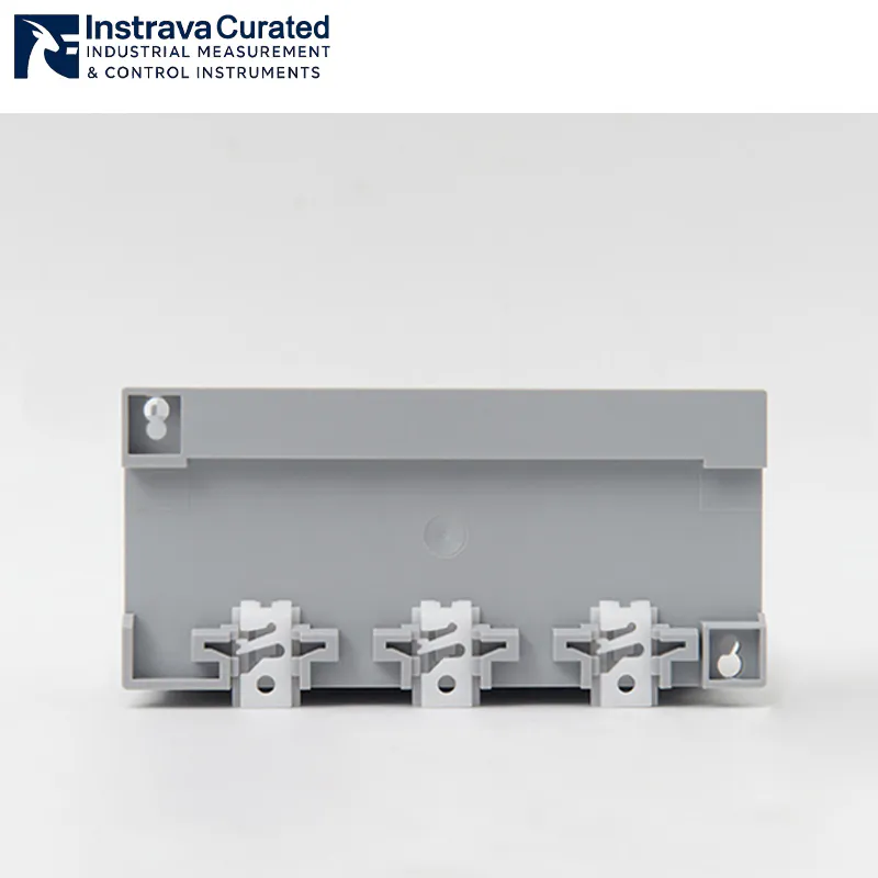 Front view of a three-phase AC current transducer, featuring an ultra-slim 35mm DIN rail mounting design and an ON operation indicator LED.