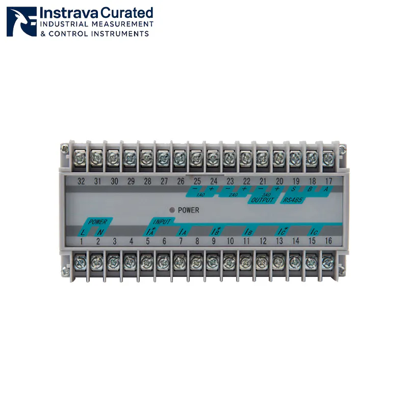 Top-perspective view of an industrial three-phase current transducer, showcasing top green quick-connect terminals and a detailed wiring schematic.