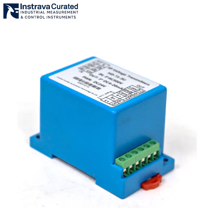 Side-perspective view of an industrial three-phase voltage transmitter, showing a detailed wiring schematic and supporting 3-wire or 4-wire connections with 4-20mA analog output.