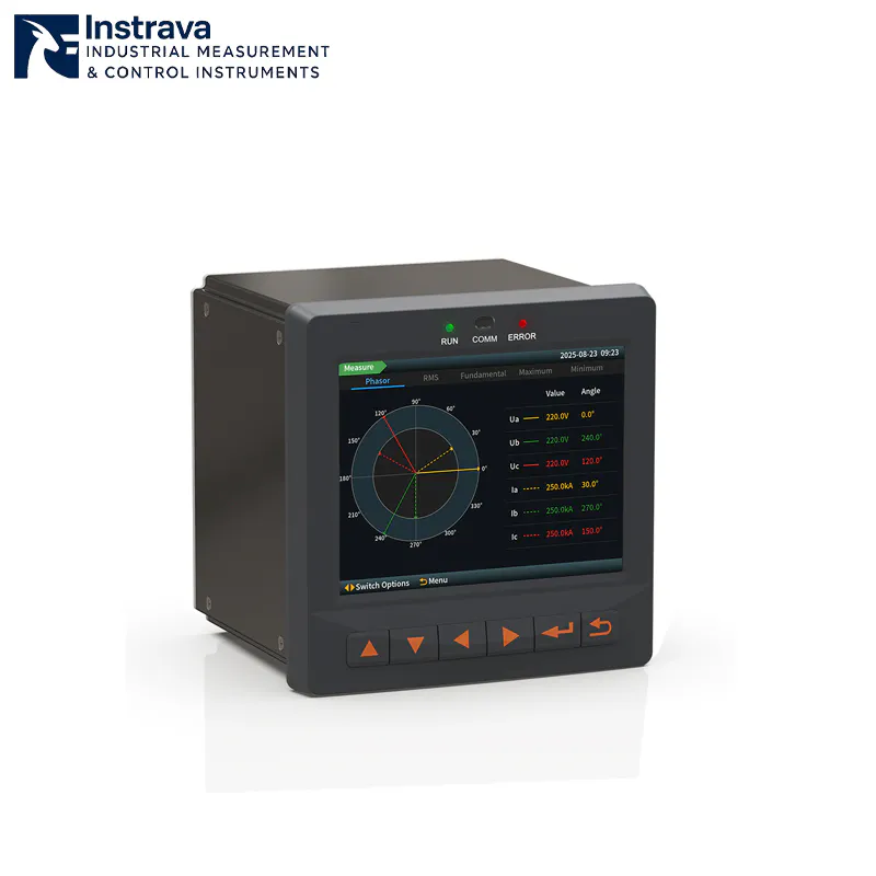 Intelligent 3-phase power quality analyzer showing the phasor diagram interface, designed for industrial embedded mounting.