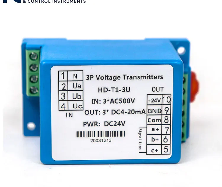 three-phase voltage transmitter, ultra-slim DIN rail mounting with operation indicator, used for industrial power parameter monitoring.
