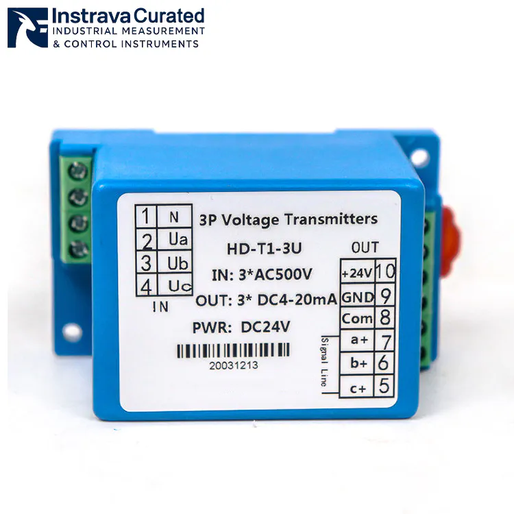 three-phase voltage transmitter, ultra-slim DIN rail mounting with operation indicator, used for industrial power parameter monitoring.