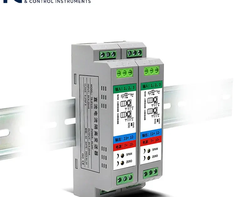 DIN rail mounted DC signal isolator featuring an ultra-slim modular design with high-precision dual-channel isolated conversion.