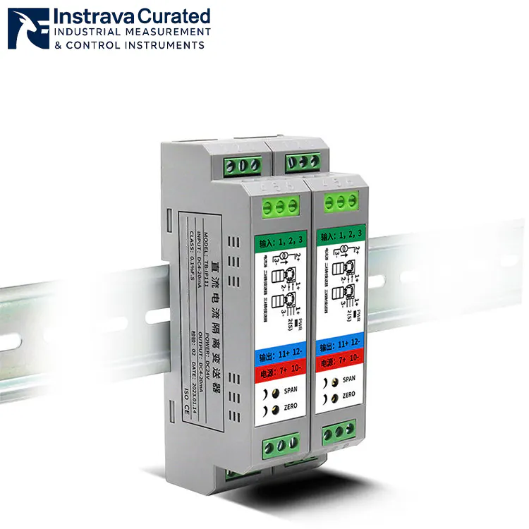 DIN rail mounted DC signal isolator featuring an ultra-slim modular design with high-precision dual-channel isolated conversion.