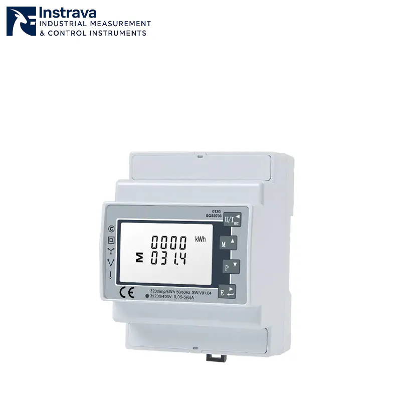 This image shows a CT type three phase DIN rail energy meter with Modbus TCP communication for accurate and scalable power monitoring. Designed for high current applications, it uses external current transformers to measure large loads safely. The device supports real-time data transmission via Ethernet, making it ideal for industrial automation, smart energy systems, and building management applications.