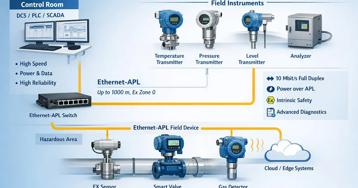 แผนผังสถาปัตยกรรมของเทคโนโลยี Ethernet-APL (Advanced Physical Layer) สำหรับระบบอัตโนมัติในอุตสาหกรรม แสดงการเชื่อมต่อระหว่างห้องควบคุมและเครื่องมือภาคสนามในพื้นที่อันตราย.