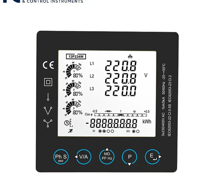 Multi-function power analyzer with LCD display, three-phase energy meter for industrial electrical parameter monitoring