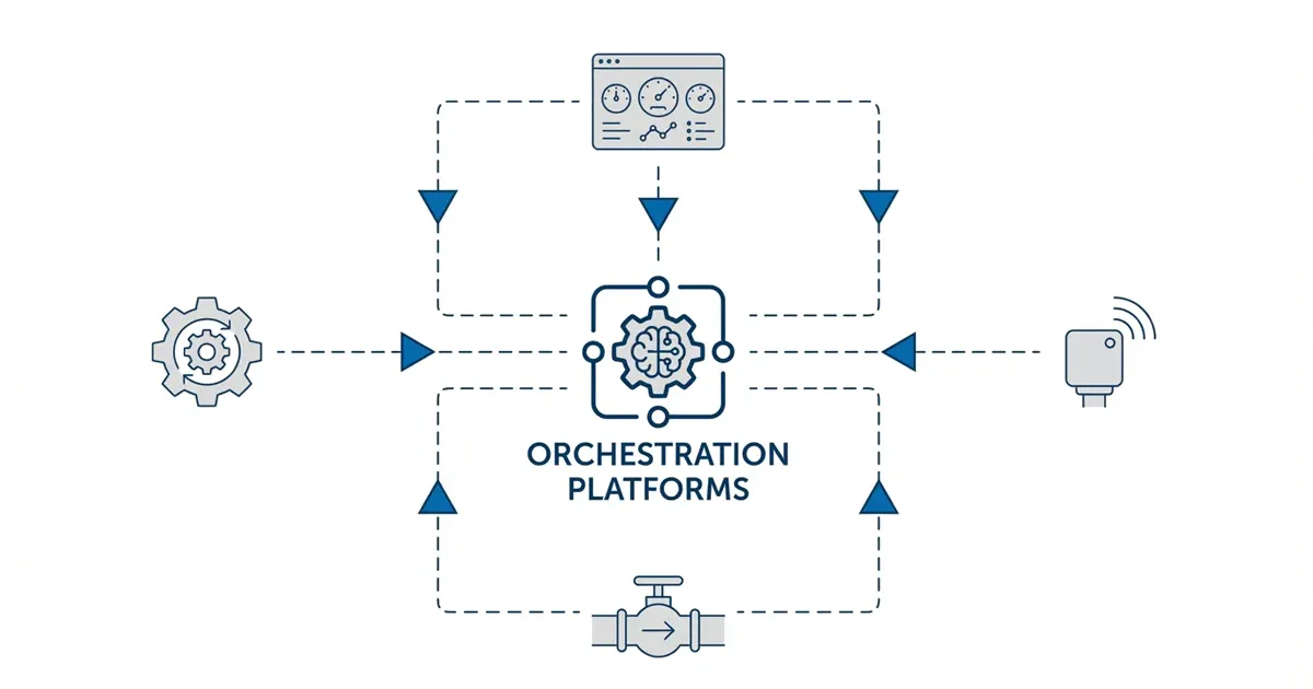 Diagrama arquitectónico de una plataforma de orquestación industrial que ilustra la integración digital entre instrumentos de campo, sistemas de automatización y la nube.