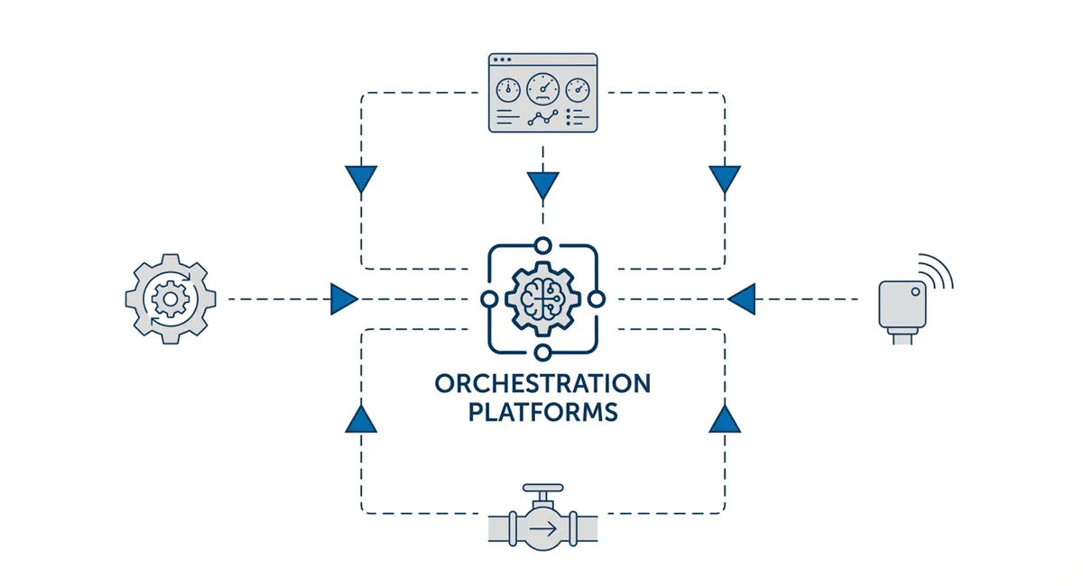 Architectural diagram of an industrial orchestration platform, illustrating digital integration between field instruments, automation systems, and the cloud.