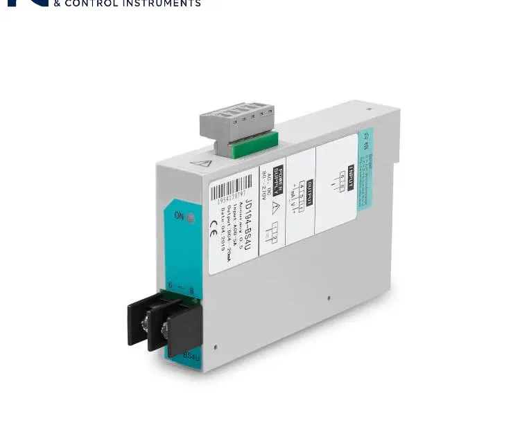 Single-phase electrical transducer, model JD194-BS4U, DIN rail mounted for industrial power monitoring systems.