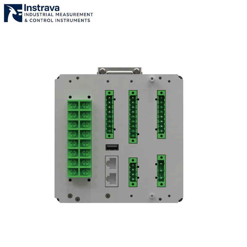 Rear view of an industrial-grade power quality analyzer, showcasing terminal blocks, USB, and dual Ethernet communication ports.