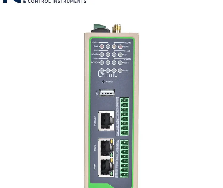 Front view of an Industrial IoT Edge Gateway device with status indicators, USB port, and industrial Ethernet ports.