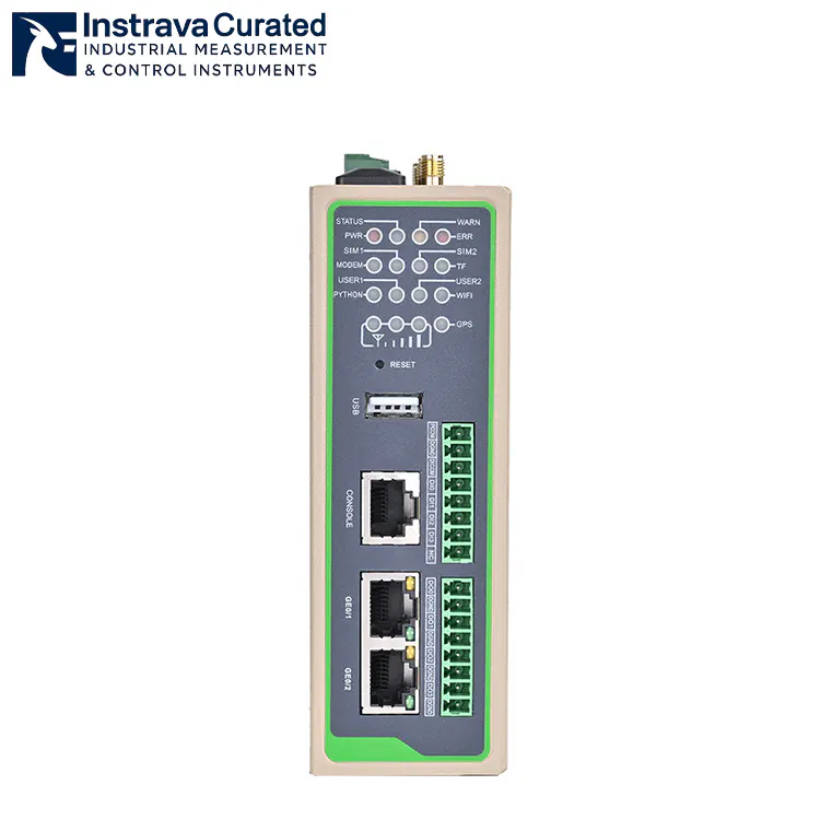 Front view of an Industrial IoT Edge Gateway device with status indicators, USB port, and industrial Ethernet ports.