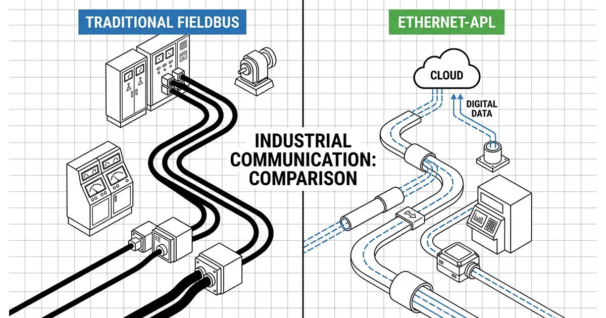 แผนผังเปรียบเทียบเทคโนโลยีการสื่อสารอุตสาหกรรม: ความแตกต่างด้านสถาปัตยกรรมระหว่างฟิลด์บัสแบบดั้งเดิมและอีเธอร์เน็ต-เอพีแอล.
