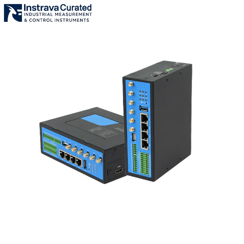 Front view of an Industrial Protocol Gateway device with Ethernet ports, USB interfaces, and support for multiple industrial protocols.
