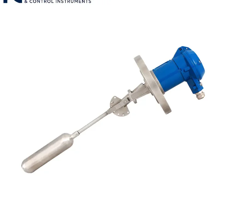 Side-mounted float level switch with stainless steel construction and a blue explosion-proof junction box for tank level alarming.