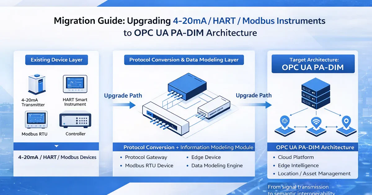 อินโฟกราฟิกคู่มือการย้ายข้อมูลแสดงเส้นทางการอัปเกรดของเครื่องมือรุ่นเก่า 4-20mA, HART และ Modbus ไปยังสถาปัตยกรรม OPC UA PA-DIM.