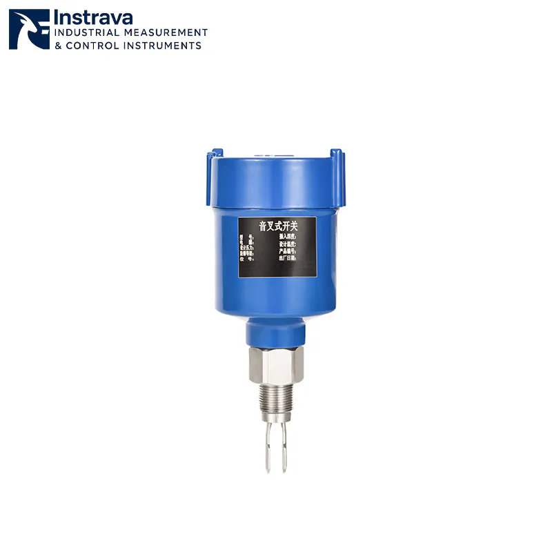 Instrava compact tuning fork level switch with threaded connection for level monitoring in pipes or small vessels.
