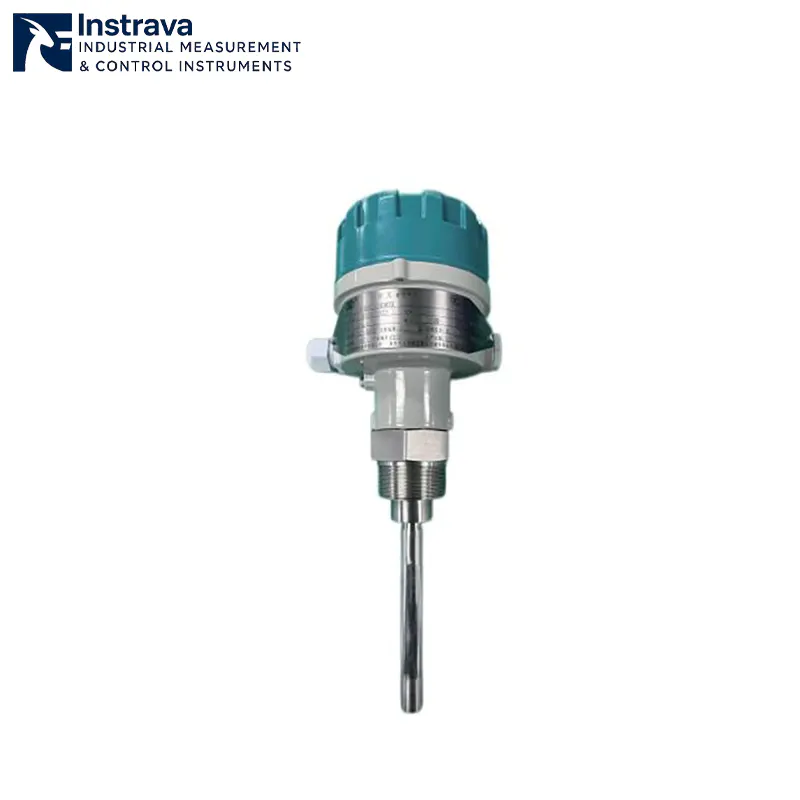 Product close-up of a stainless steel side-mounted float level gauge featuring a rugged flange and explosion-proof blue protective header.